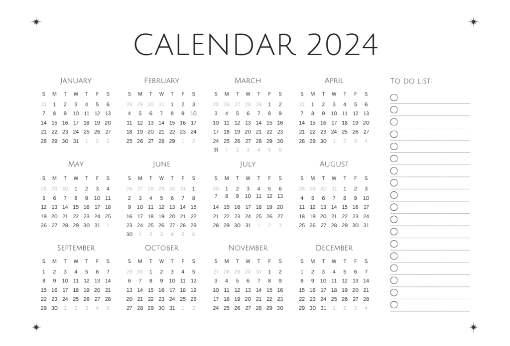 2024 12 month calendar on one page