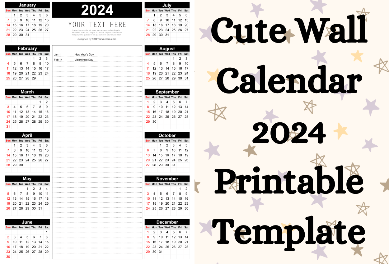 Cute wall calendar 2024 printable template