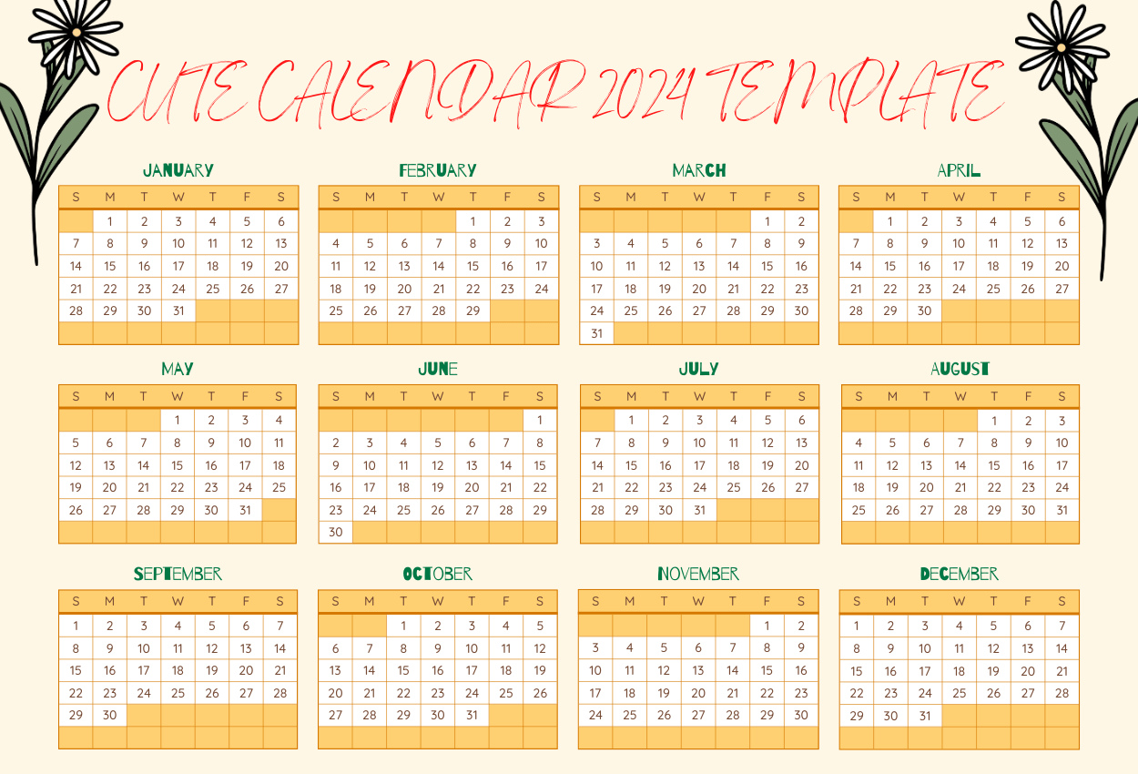 cute calendar 2024 template