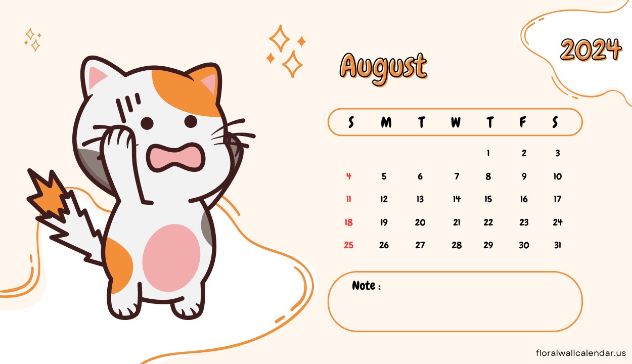 2024 August Cute Cat Calendar Printable Template