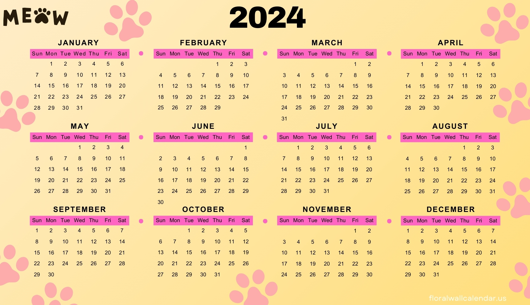 2024 Yearly Cat Calendar For Kid