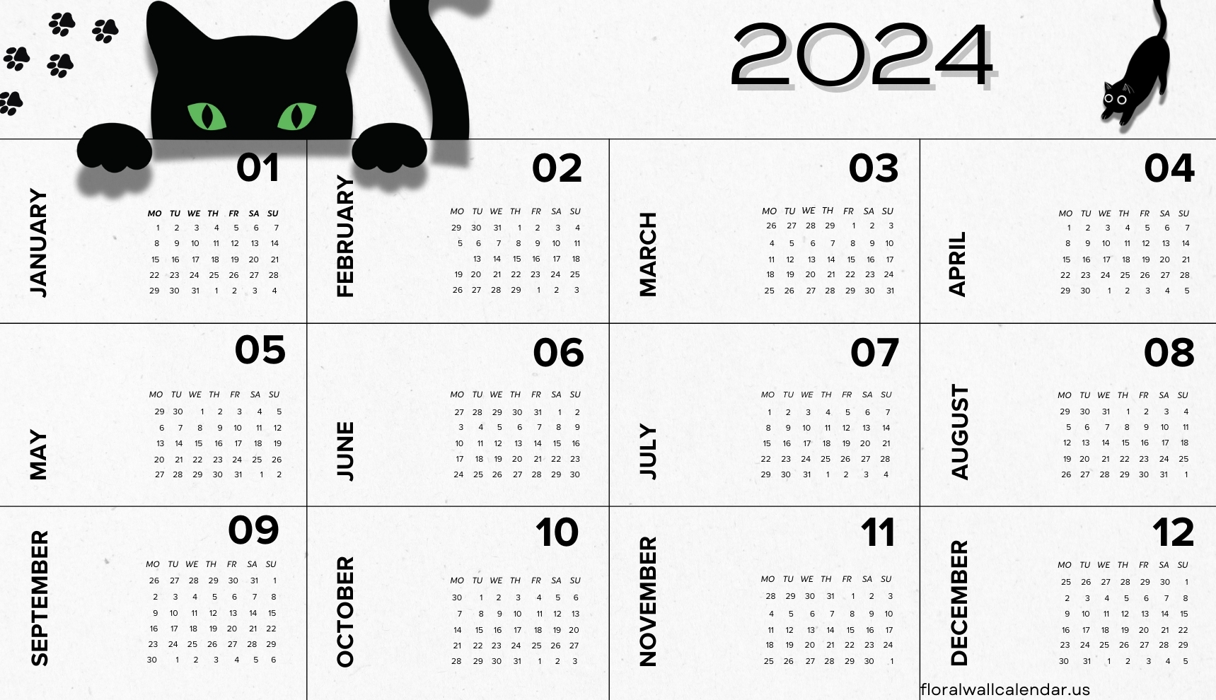 2024 Yearly Cute Cat Calendar PDF