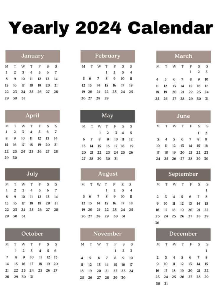 A4 One Page Yearly 2024 Calendar