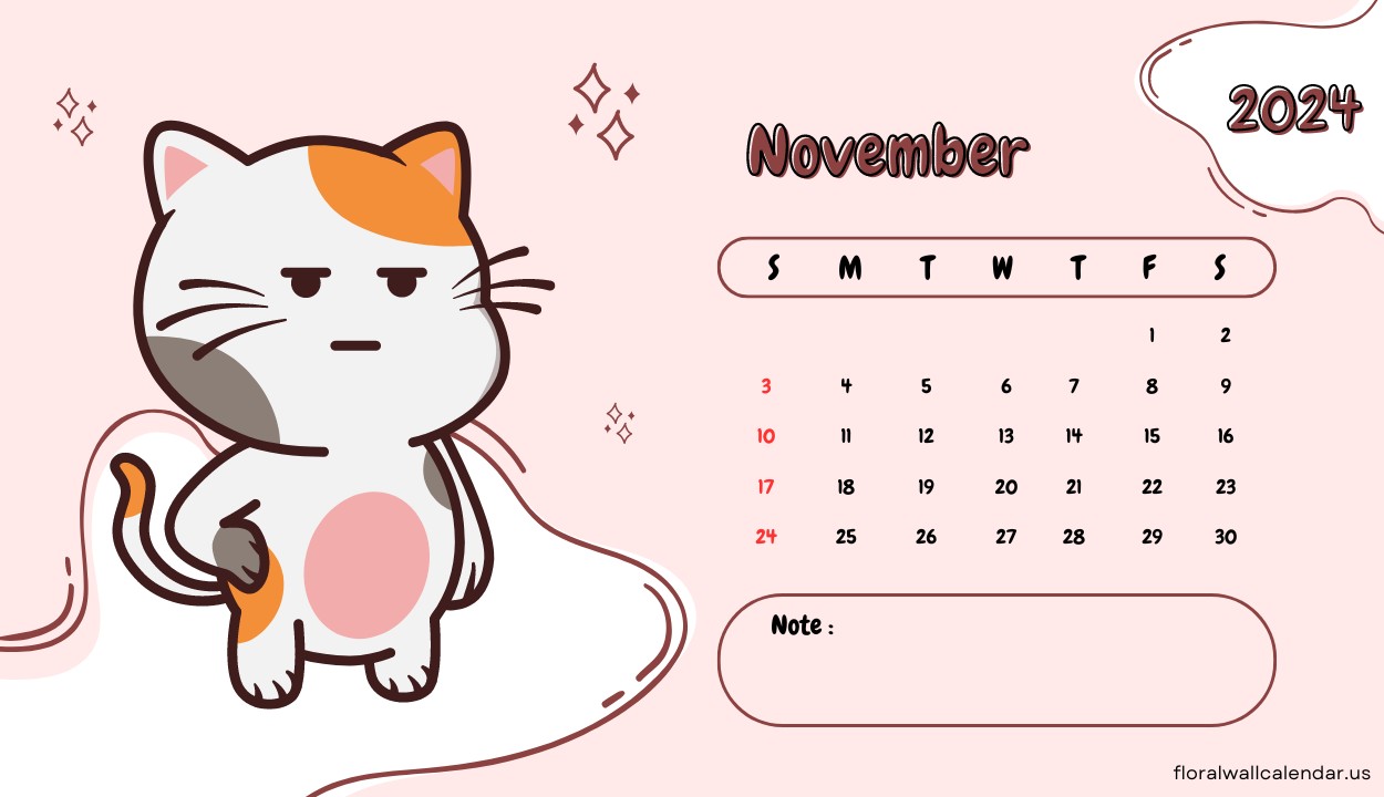 Free Monthly November 2024 Cat Calendar Design