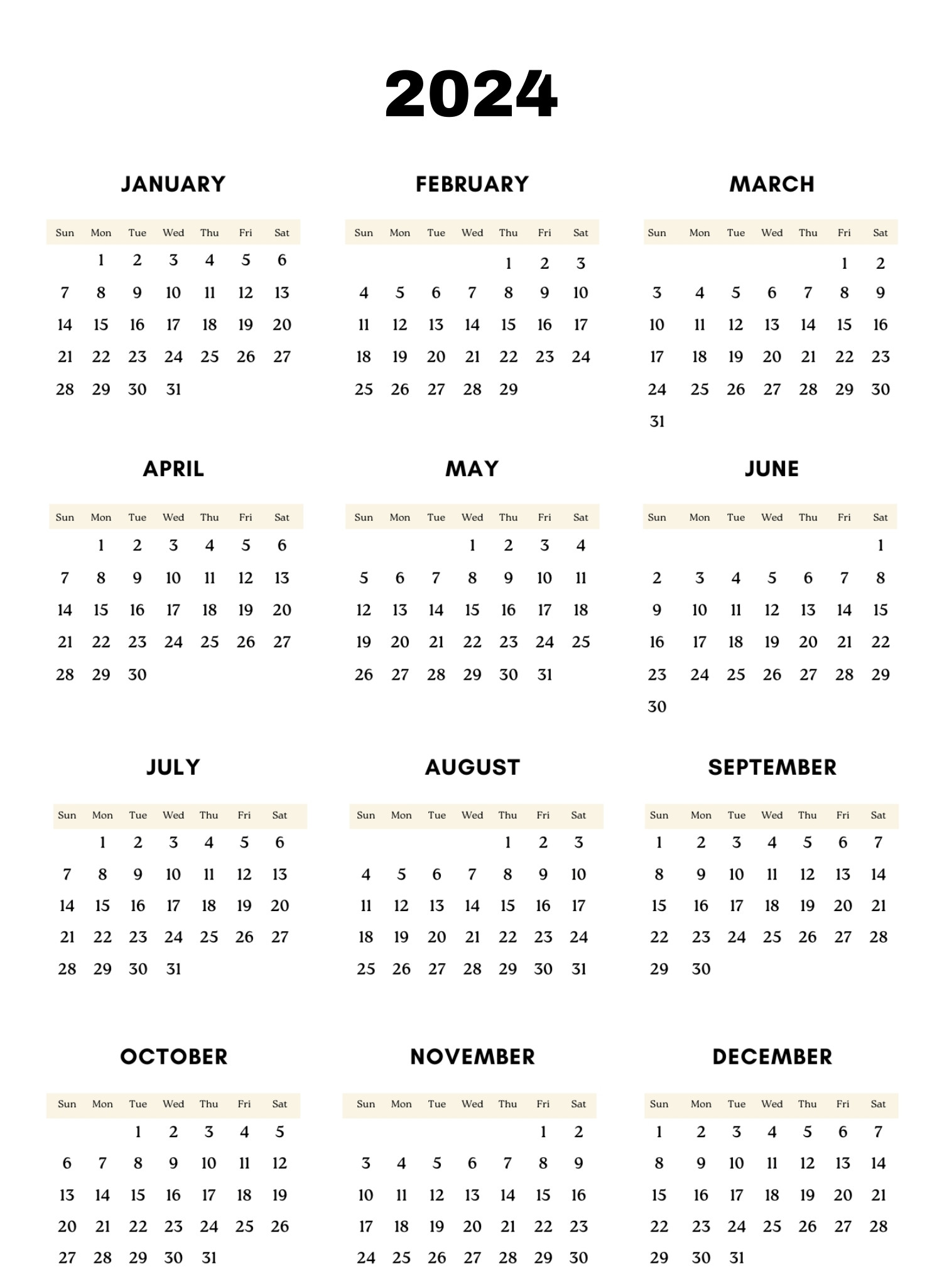 Printable 2024 January To December Portrait Calendar