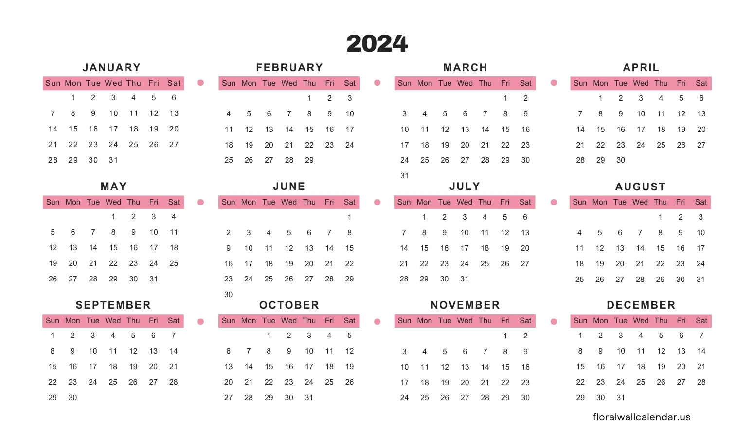 Printable 2024 One Page Yearly Calendar