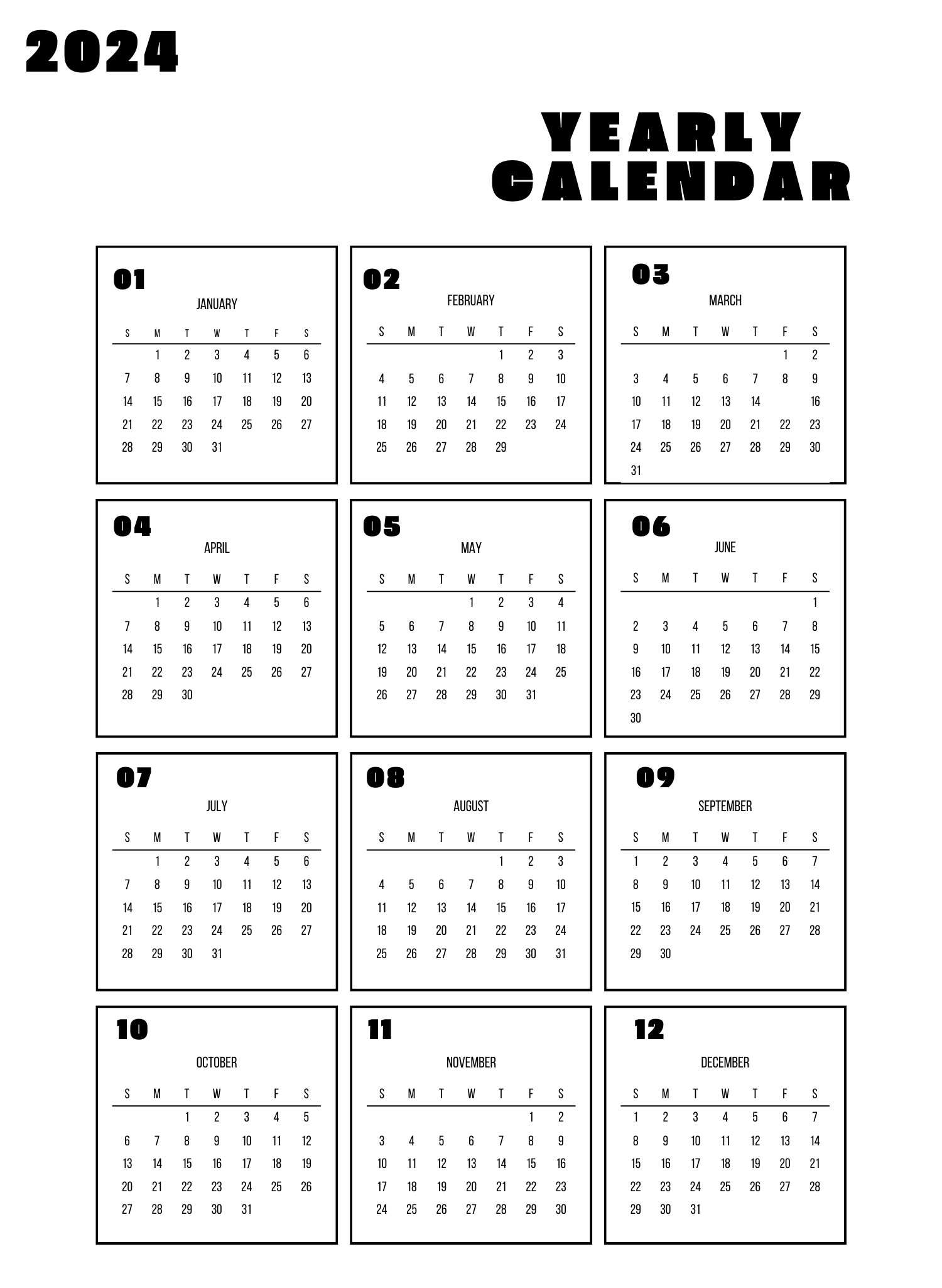 Yearly 2024 Calendar For Download